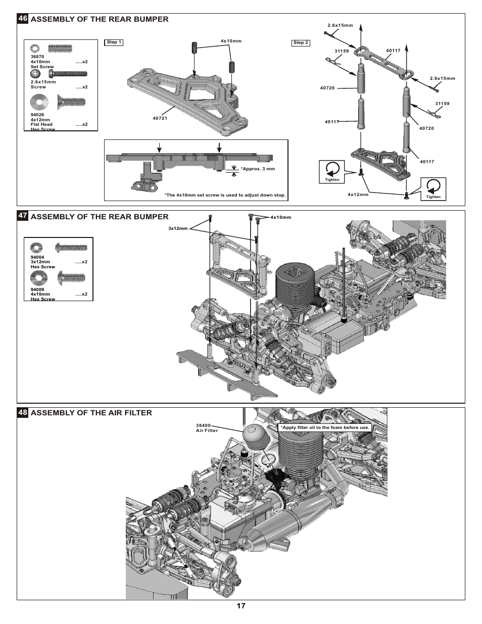 46 assembly of the rear bumper, Assembly of the rear bumper, 48 assembly of the air filter | OFNA Racing DM-1 Spec RTR User Manual | Page 23 / 33