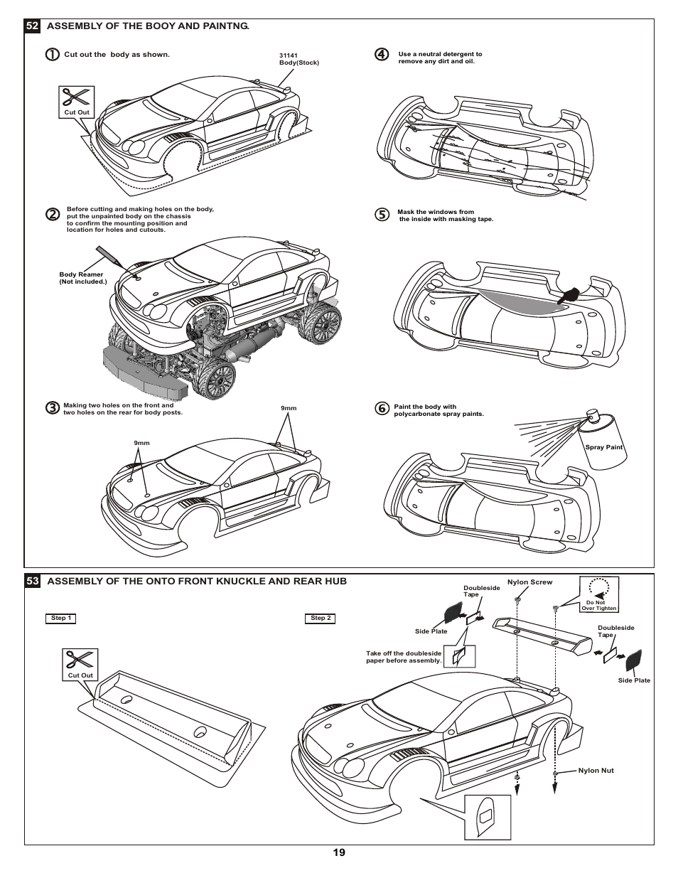Assembly of the onto front knuckle and rear hub, Assembly of the booy and paintng | OFNA Racing DM-1 Spec RTR User Manual | Page 25 / 33