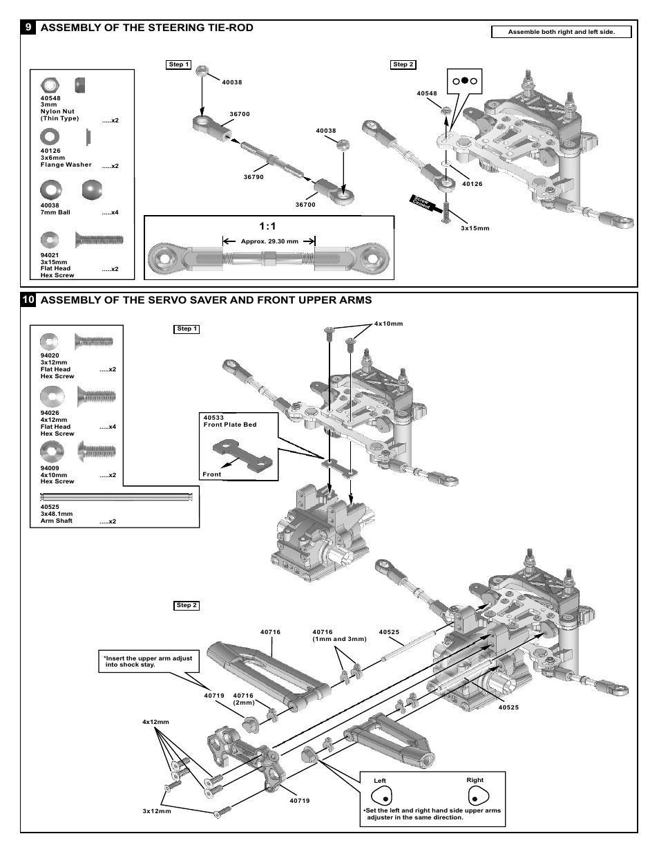 Assembly of the steering tie-rod 9, Assembly of the servo saver and front upper arms | OFNA Racing DM-1e Spec User Manual | Page 10 / 31