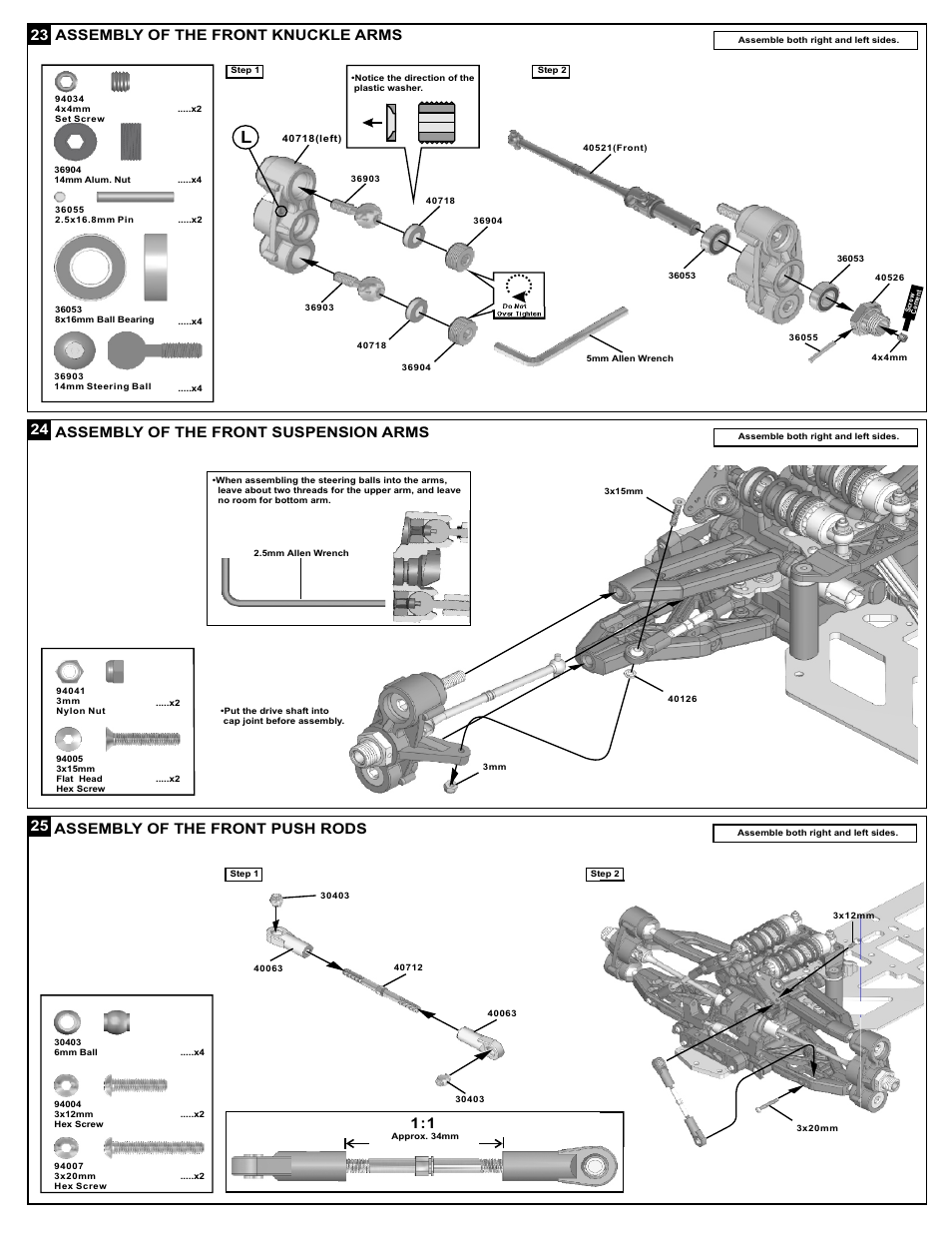 Assembly of the front knuckle arms, Assembly of the front suspension arms, Assembly of the front push rods | OFNA Racing DM-1e Spec User Manual | Page 15 / 31