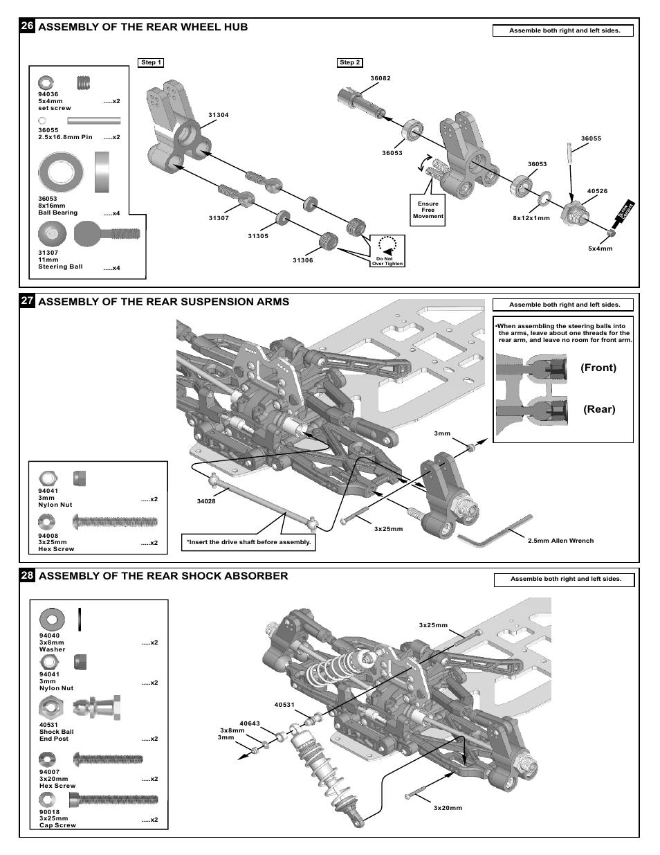 Assembly of the rear wheel hub, Assembly of the rear suspension arms, Front) (rear) assembly of the rear shock absorber | OFNA Racing DM-1e Spec User Manual | Page 16 / 31