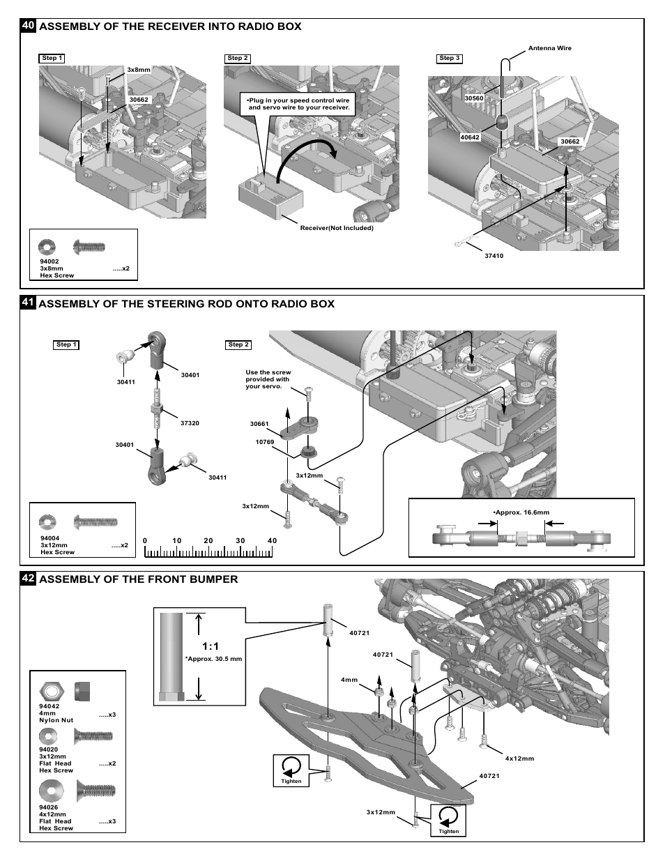 40 assembly of the receiver into radio box, 41 42 assembly of the steering rod onto radio box, Assembly of the front bumper | OFNA Racing DM-1e Spec User Manual | Page 21 / 31