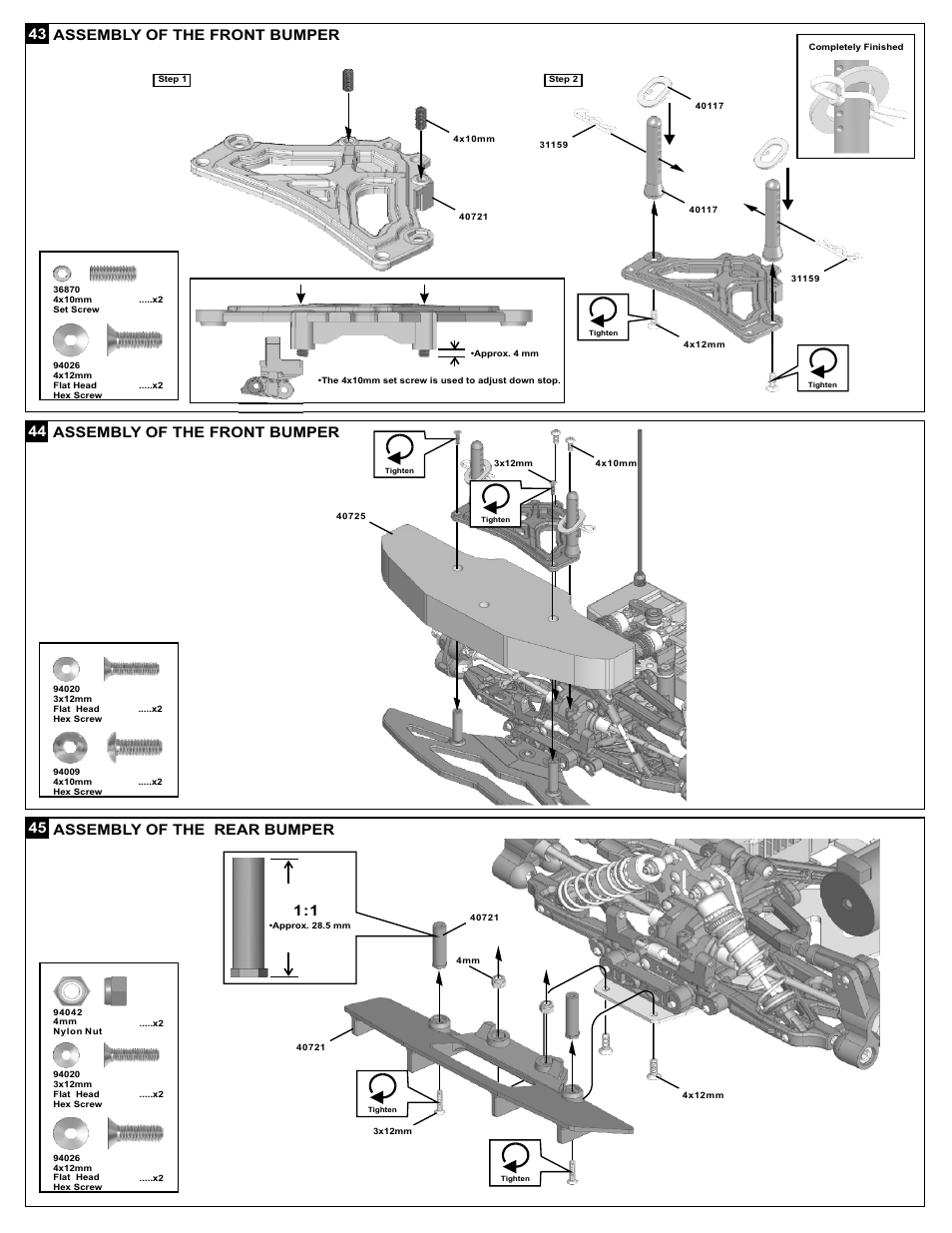 Assembly of the front bumper, Assembly of the rear bumper | OFNA Racing DM-1e Spec User Manual | Page 22 / 31