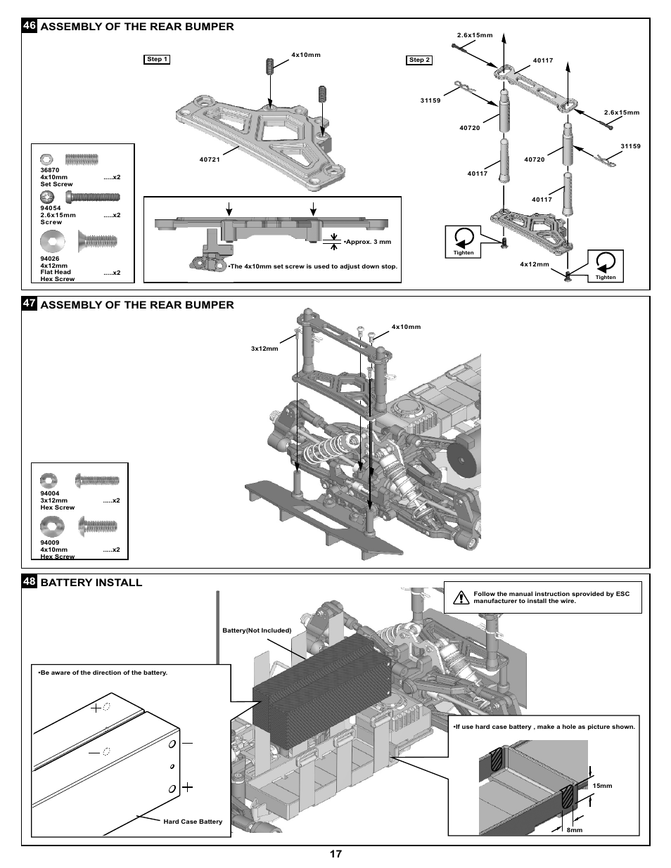 46 assembly of the rear bumper, Assembly of the rear bumper, Battery install | OFNA Racing DM-1e Spec User Manual | Page 23 / 31