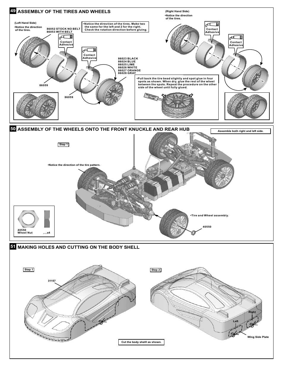 Assembly of the tires and wheels, Making holes and cutting on the body shell | OFNA Racing DM-1e Spec User Manual | Page 24 / 31