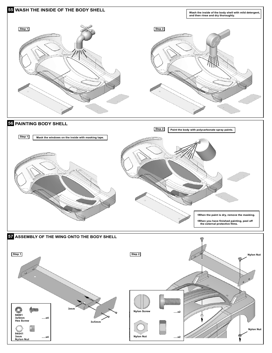 Painting body shell, Assembly of the wing onto the body shell | OFNA Racing DM-1e Spec User Manual | Page 26 / 31