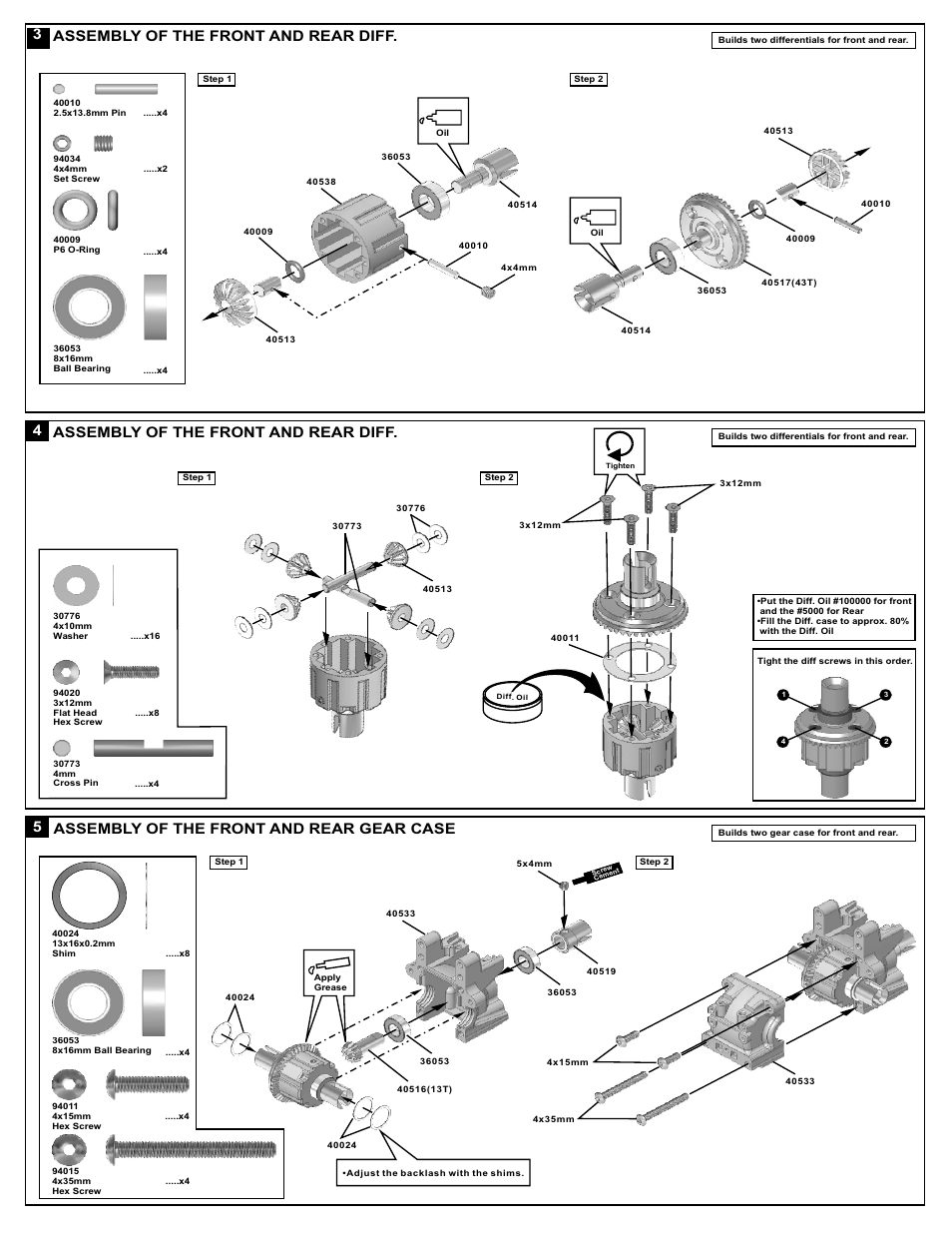 Assembly of the front and rear diff. 3, Assembly of the front and rear diff, 5assembly of the front and rear gear case | OFNA Racing DM-1e Spec User Manual | Page 8 / 31