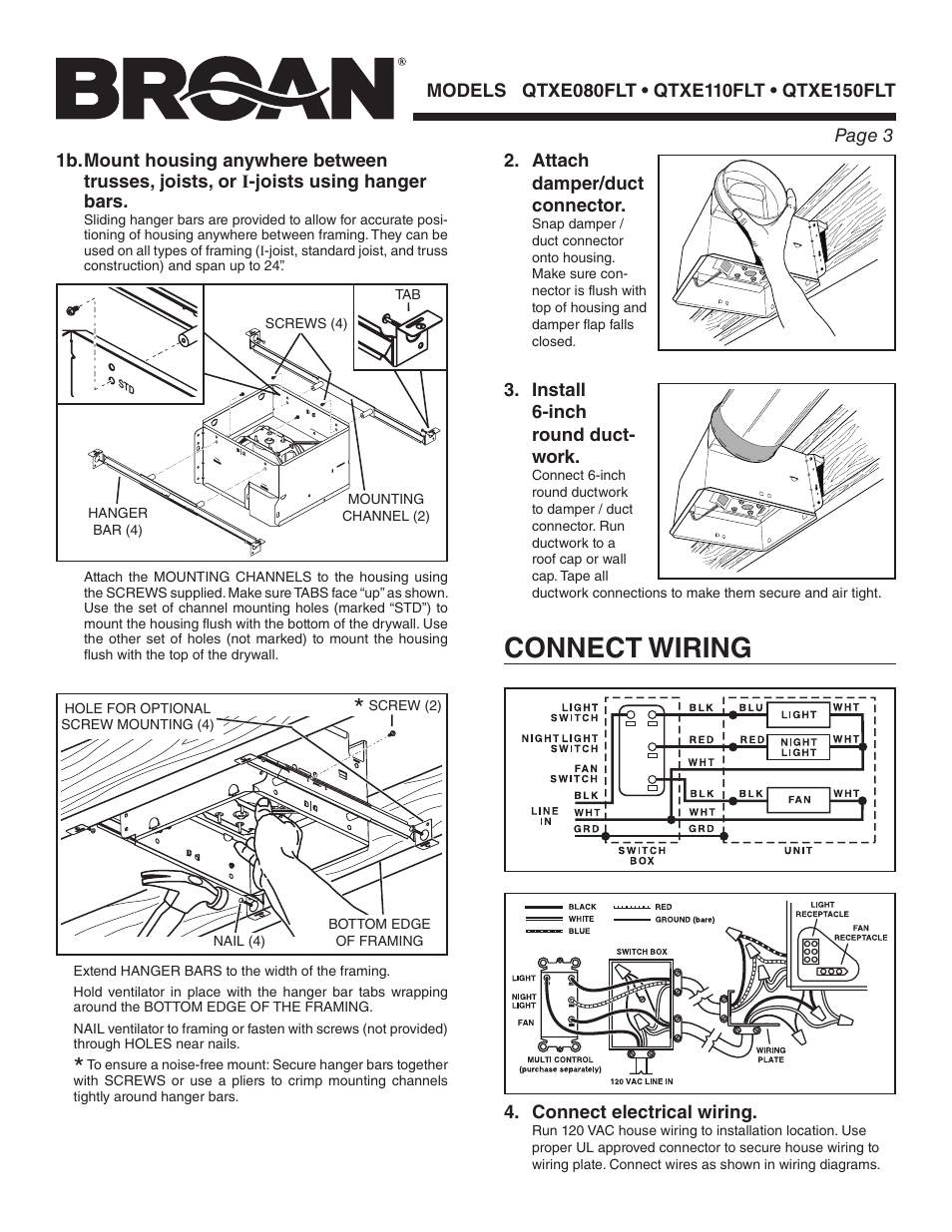 Connect wiring | Broan QTXE150FLT User Manual | Page 3 / 8