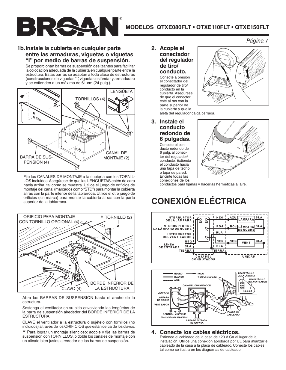 Conexión eléctrica, Instale el conducto redondo de 6 pulgadas | Broan QTXE150FLT User Manual | Page 7 / 8