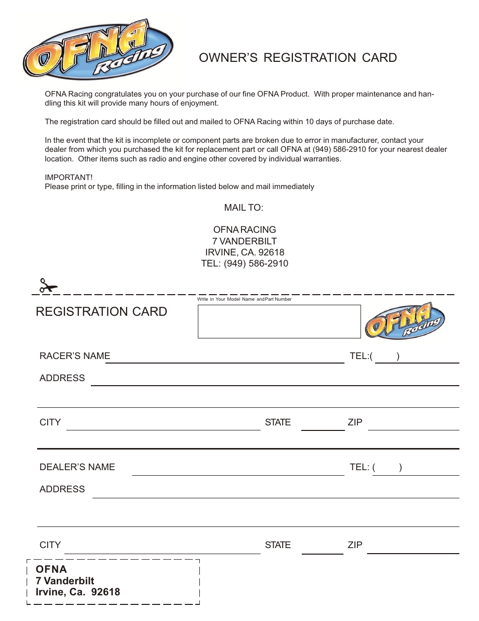 Owner’s registration card registration card | OFNA Racing Hyper 9 User Manual | Page 29 / 30