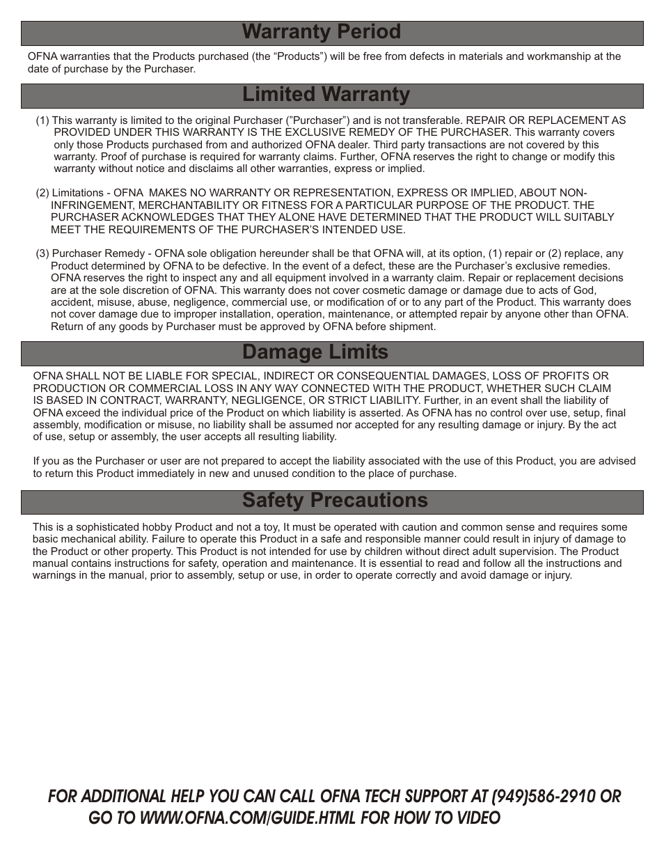 Warranty period, Limited warranty, Damage limits | Safety precautions | OFNA Racing Hyper 10sc Electric RTR User Manual | Page 7 / 41