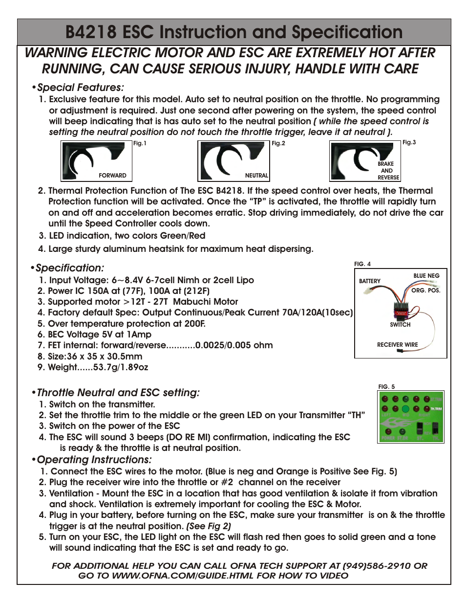 B4218 esc instruction and specification, Special features, Specification | Throttle neutral and esc setting, Operating instructions | OFNA Racing Hyper 10sc Electric RTR User Manual | Page 9 / 41