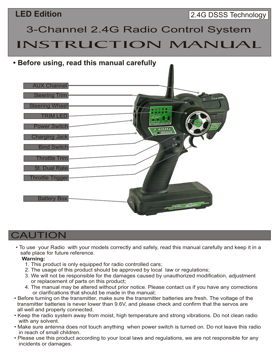 Instruction manual, Channel 2.4g radio control system, Caution | Led edition | OFNA Racing Hyper 10sc Nitro RTR User Manual | Page 4 / 44
