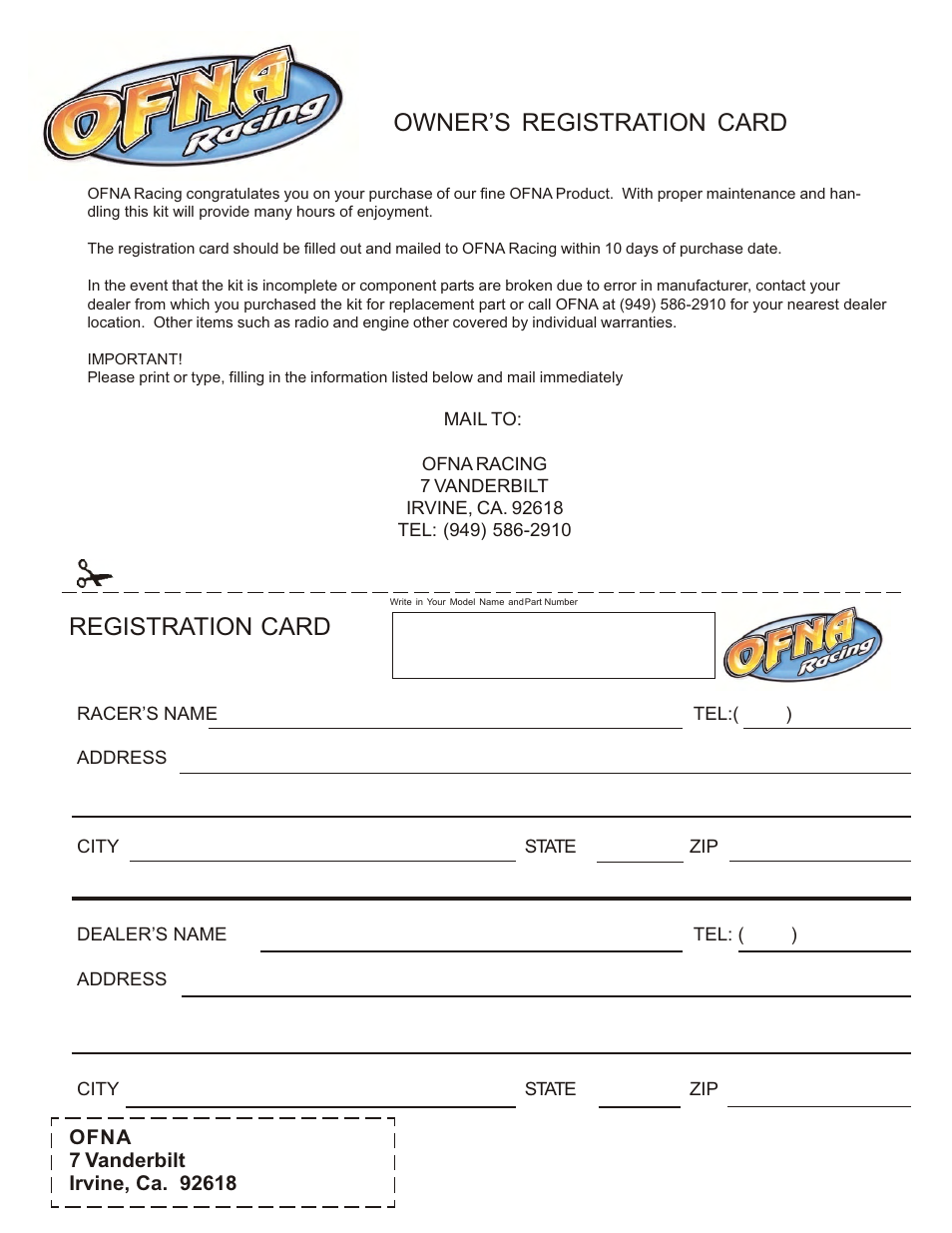 Owner’s registration card registration card | OFNA Racing Hyper 10sc Nitro RTR User Manual | Page 43 / 44