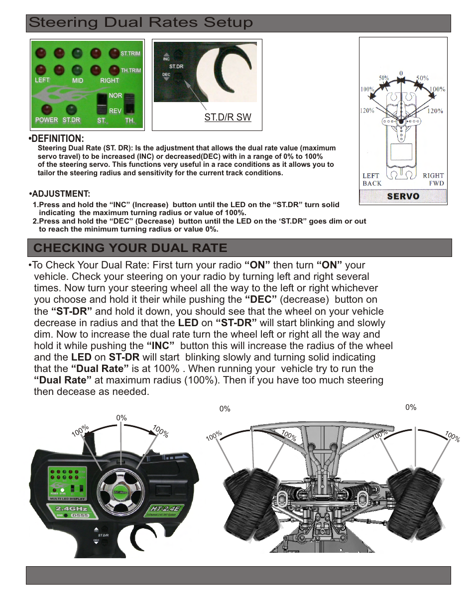 Steering dual rates setup, Checking your dual rate, Definition | St.d/r sw, Adjustment | OFNA Racing Hyper 10sc Nitro RTR User Manual | Page 5 / 44
