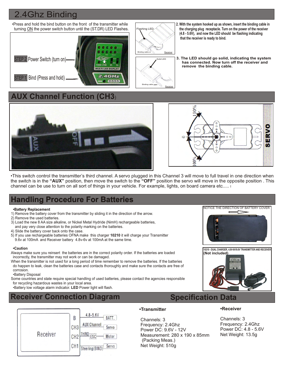 4ghz binding, Aux channel function (ch3, Handling procedure for batteries | Power switch (turn on) bind (press and hold), Step 2 step 1 | OFNA Racing Hyper 10sc Nitro RTR User Manual | Page 6 / 44