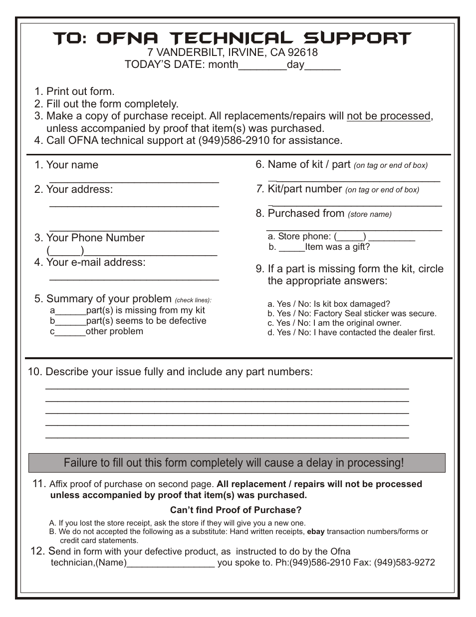 To: ofna technical support | OFNA Racing Hyper 10sc Nitro RTR User Manual | Page 8 / 44