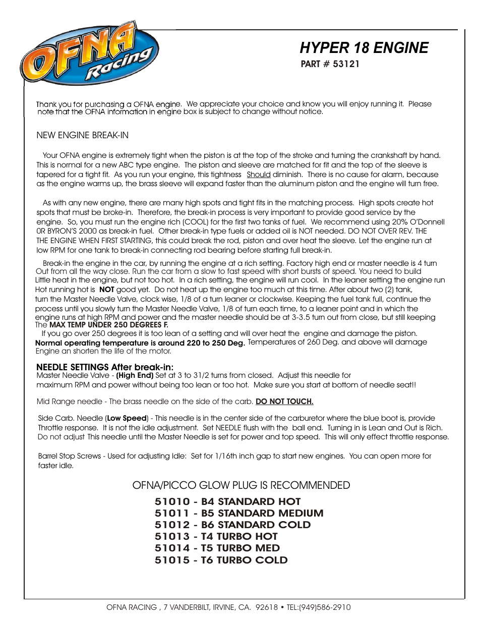 Hyper 18 engine, Ofna/picco glow plug is recommended | OFNA Racing Hyper 10TT User Manual | Page 13 / 49