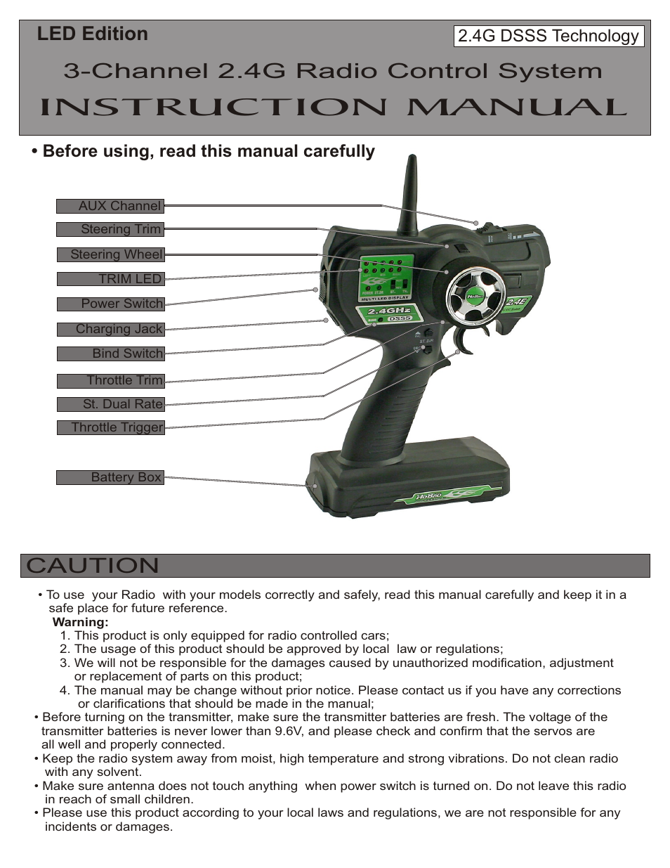 Instruction manual, Channel 2.4g radio control system, Caution | Led edition | OFNA Racing Hyper 10TT User Manual | Page 5 / 49