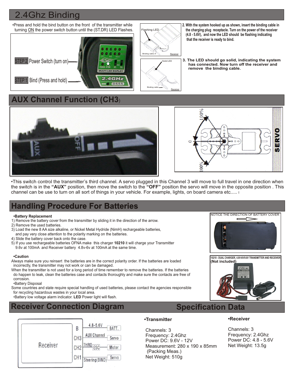4ghz binding, Aux channel function (ch3, Handling procedure for batteries | Power switch (turn on) bind (press and hold), Step 2 step 1 | OFNA Racing Hyper 10TT User Manual | Page 7 / 49