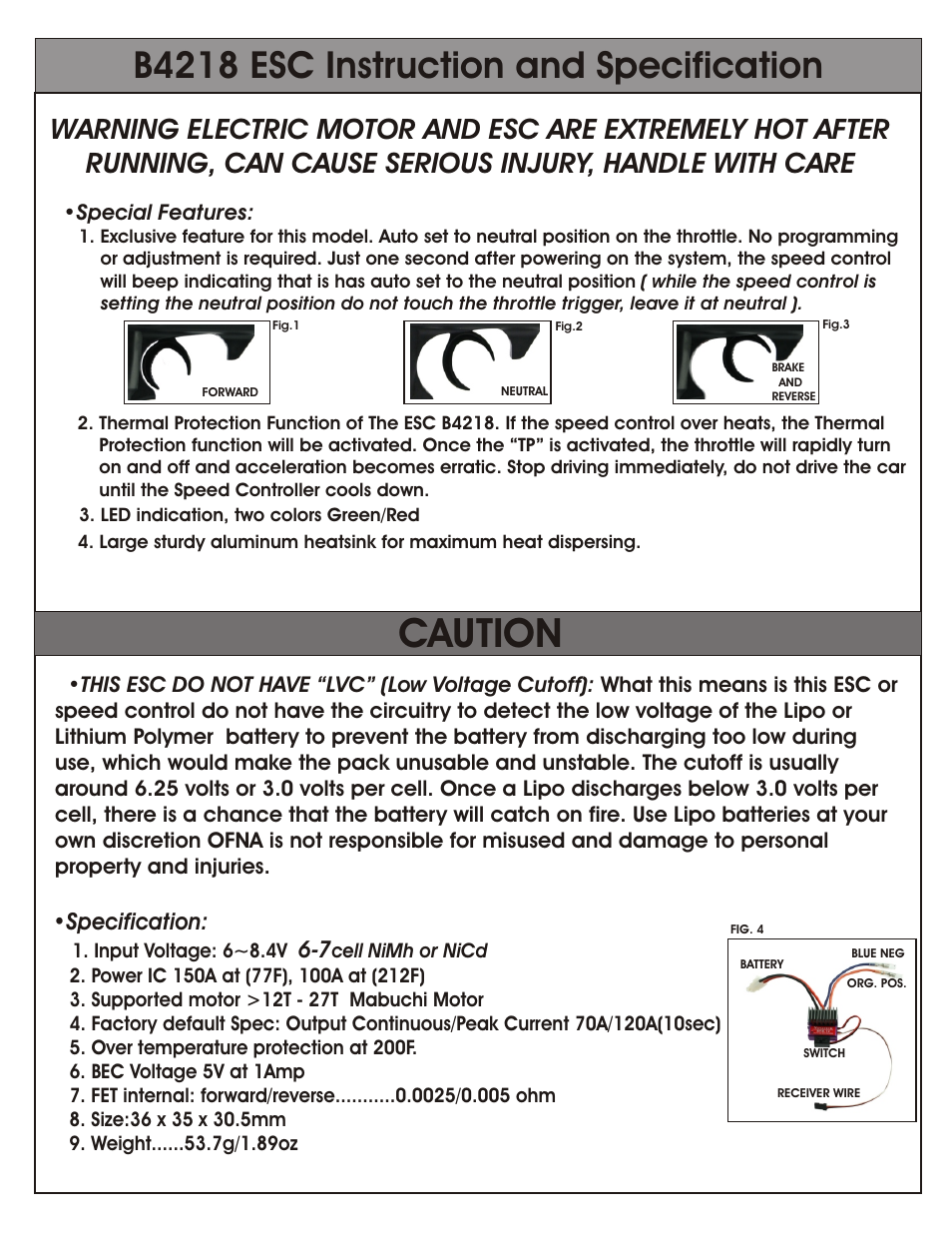 Caution, B4218 esc instruction and specification, Specification | OFNA Racing Hyper 10TT User Manual | Page 8 / 49