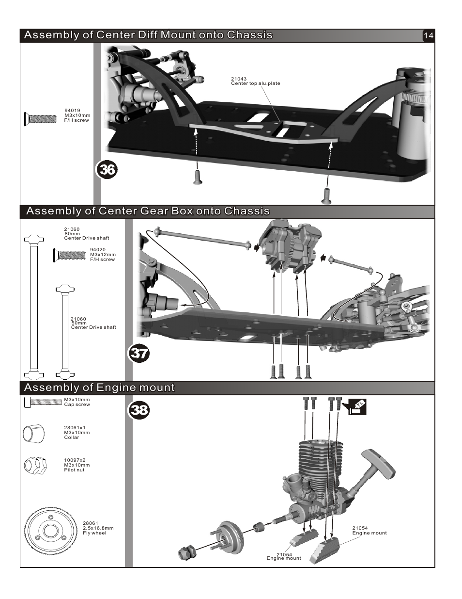 Assembly of engine mount, Assembly of center gear box onto chassis, Assembly of center diff mount onto chassis | OFNA Racing Hyper Mini ST User Manual | Page 15 / 33