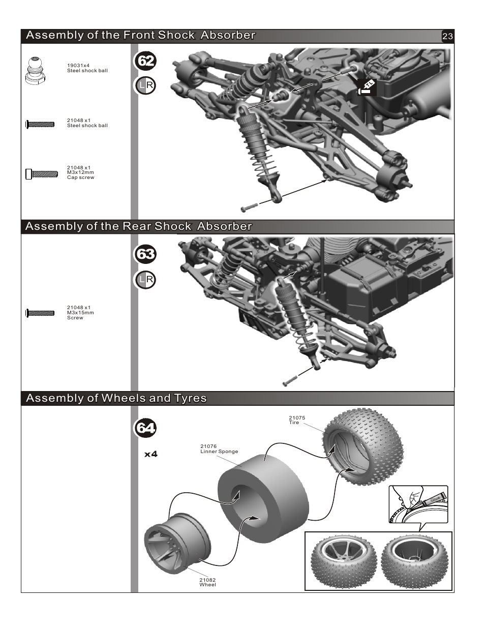 Assembly of wheels and tyres, Assembly of the rear shock absorber | OFNA Racing Hyper Mini ST User Manual | Page 24 / 33