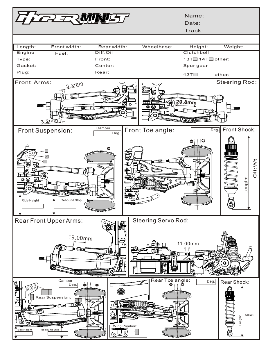 Front toe angle, Front suspension, Rear front upper arms | Steering servo rod, Front shock, 1 .00mm 9 | OFNA Racing Hyper Mini ST User Manual | Page 29 / 33