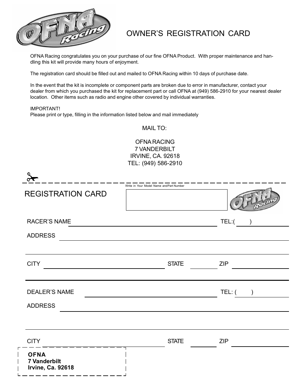 Owner’s registration card registration card | OFNA Racing Hyper Mini ST User Manual | Page 33 / 33
