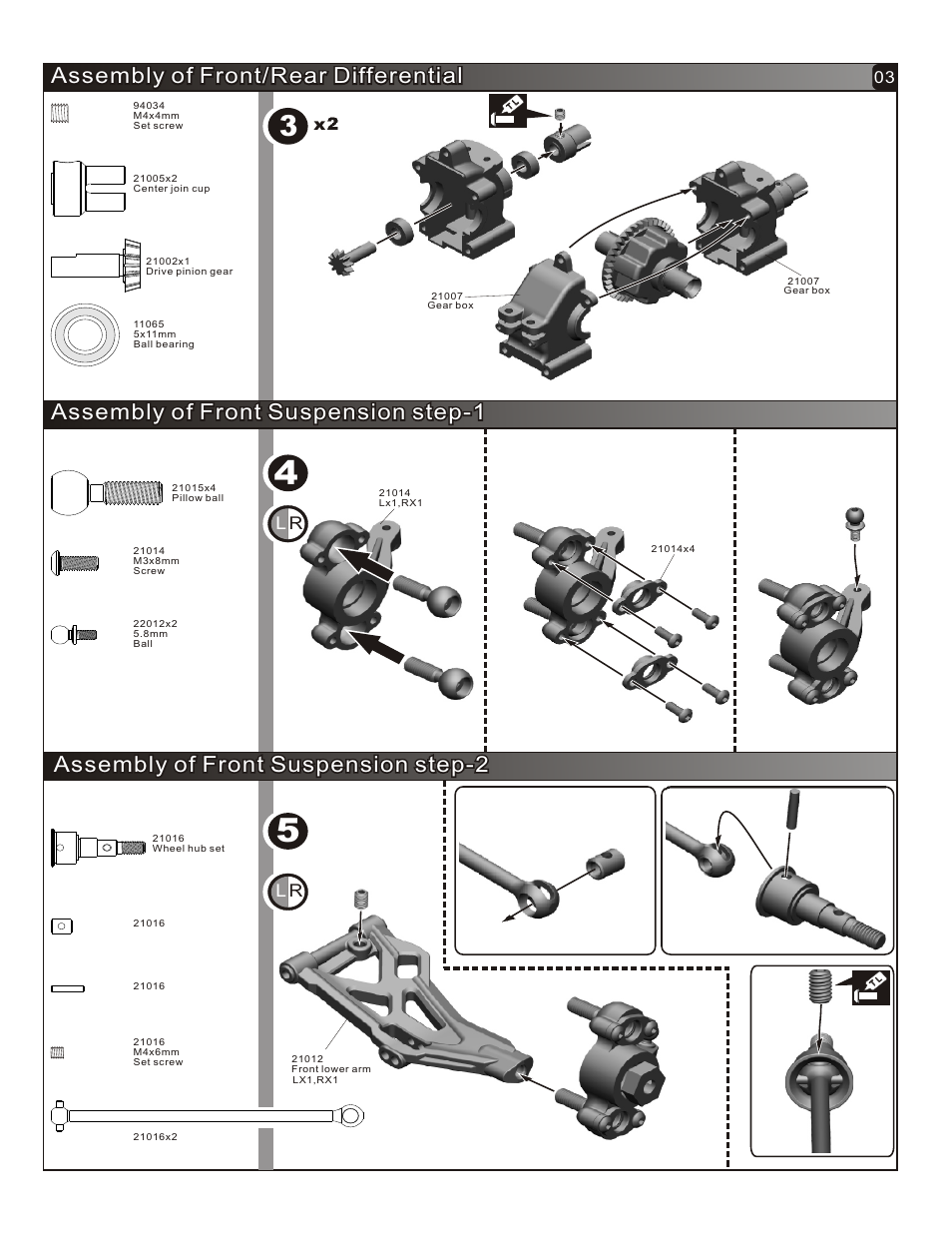 Assembly of front/rear differential, Assembly of front suspension step-1, Assembly of front suspension step-2 | Rl r l | OFNA Racing Hyper Mini ST User Manual | Page 4 / 33