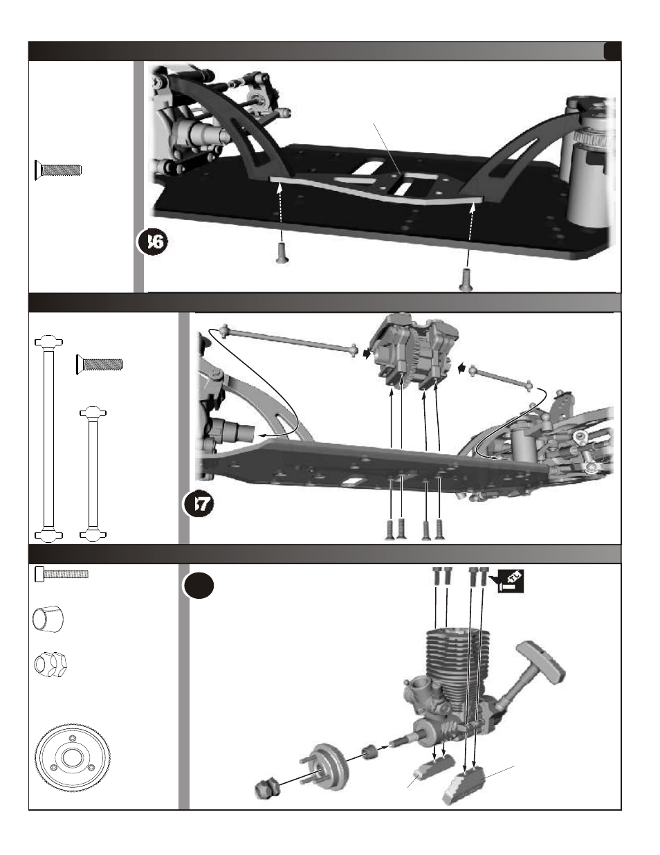 Assembly of engine mount, Assembly of center gear box onto chassis, Assembly of center diff mount onto chassis | OFNA Racing Hyper Mini STe User Manual | Page 15 / 35