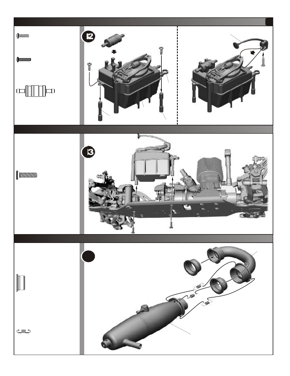 Assembly of manifold, Assembly of fuel tank onto chassis | OFNA Racing Hyper Mini STe User Manual | Page 17 / 35