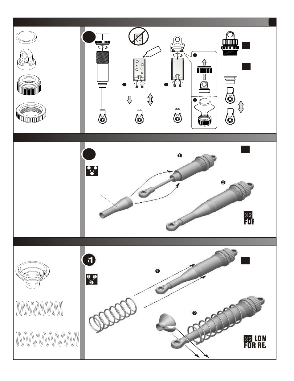 For rear long, For front short, Assembly of front and rear shock-step-3 | Assembly of shock shaft dust covers | OFNA Racing Hyper Mini STe User Manual | Page 23 / 35