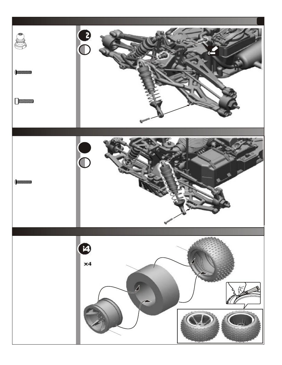Assembly of wheels and tyres, Assembly of the rear shock absorber | OFNA Racing Hyper Mini STe User Manual | Page 24 / 35