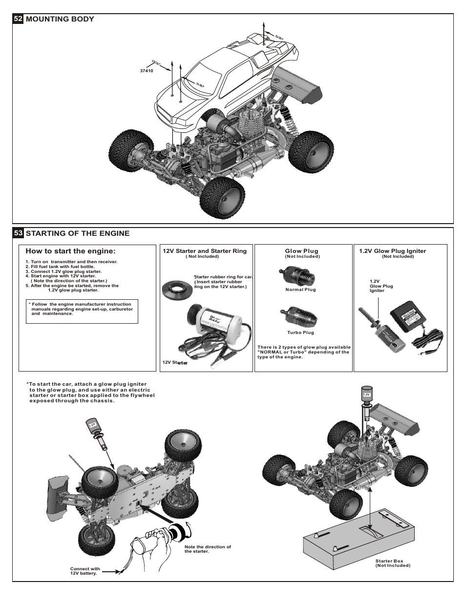 52 mounting body, 53 starting of the engine, How to start the engine | OFNA Racing Jammin CRT .5 Mini User Manual | Page 24 / 37