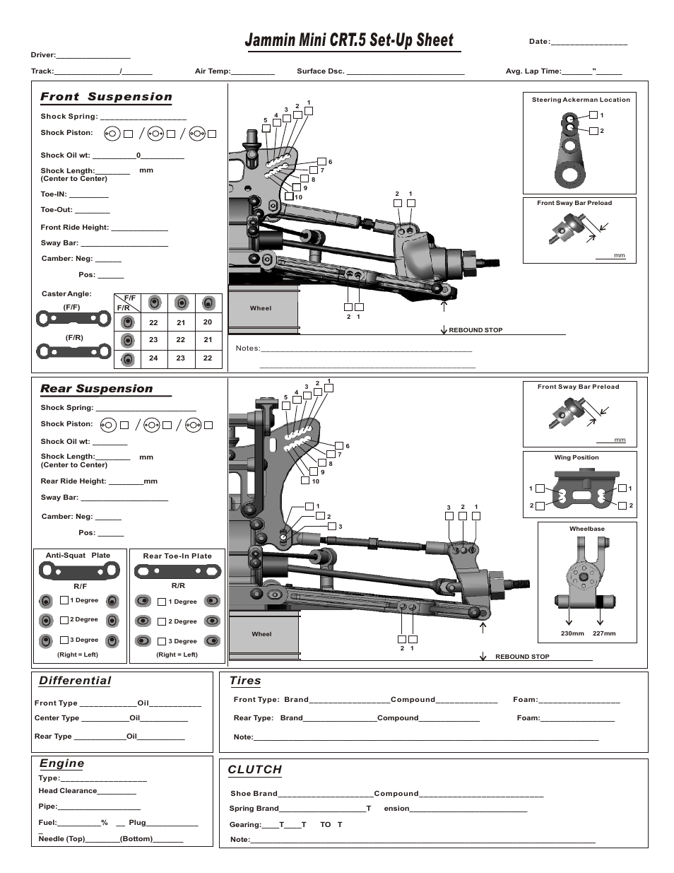Jammin mini crt.5 set-up sheet, Front suspension rear suspension, Differential | Engine, Tires, Clutch | OFNA Racing Jammin CRT .5 Mini User Manual | Page 27 / 37