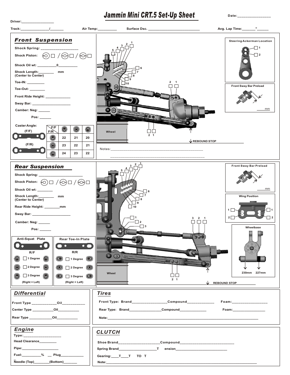 Jammin mini crt.5 set-up sheet, Front suspension rear suspension, Differential | Engine, Tires, Clutch | OFNA Racing Jammin CRT .5 Mini User Manual | Page 31 / 37