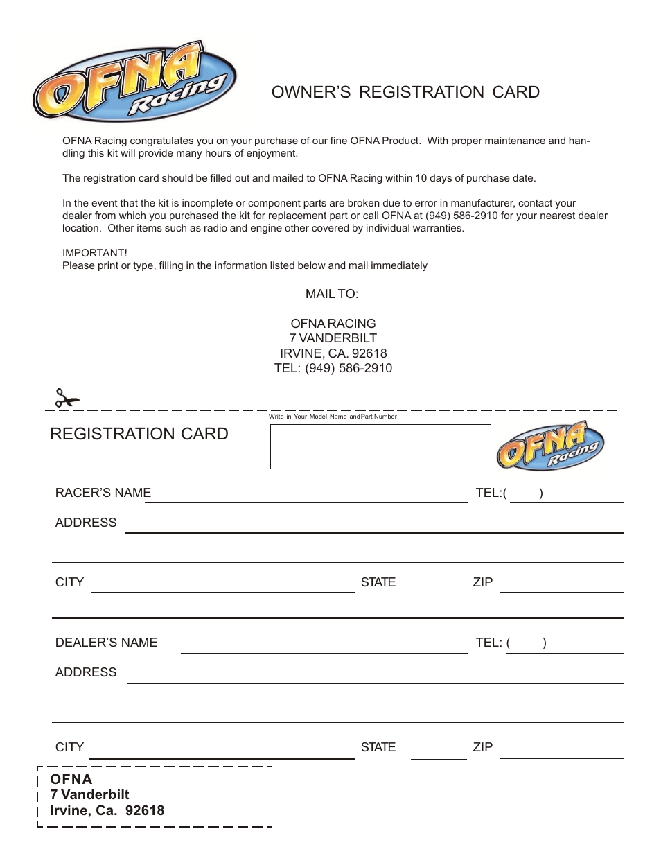 Owner’s registration card registration card | OFNA Racing Jammin SCRT Electric RTR User Manual | Page 51 / 51
