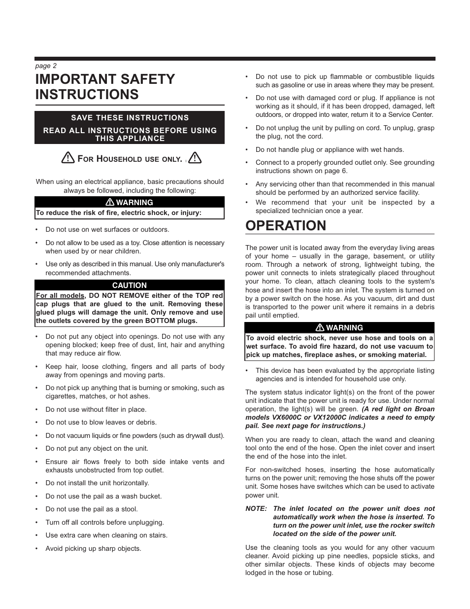 Important safety instructions, Operation | Broan VX12000C User Manual | Page 2 / 8