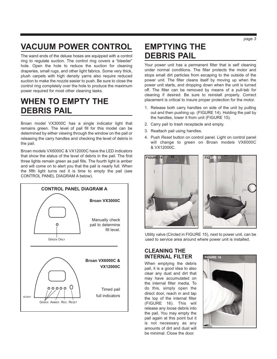 Vacuum power control, When to empty the debris pail, Emptying the debris pail | Cleaning the internal filter | Broan VX12000C User Manual | Page 3 / 8