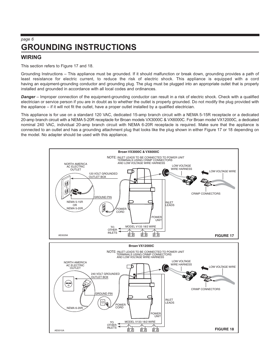 Grounding instructions, Wiring, Page 6 | Broan VX12000C User Manual | Page 6 / 8