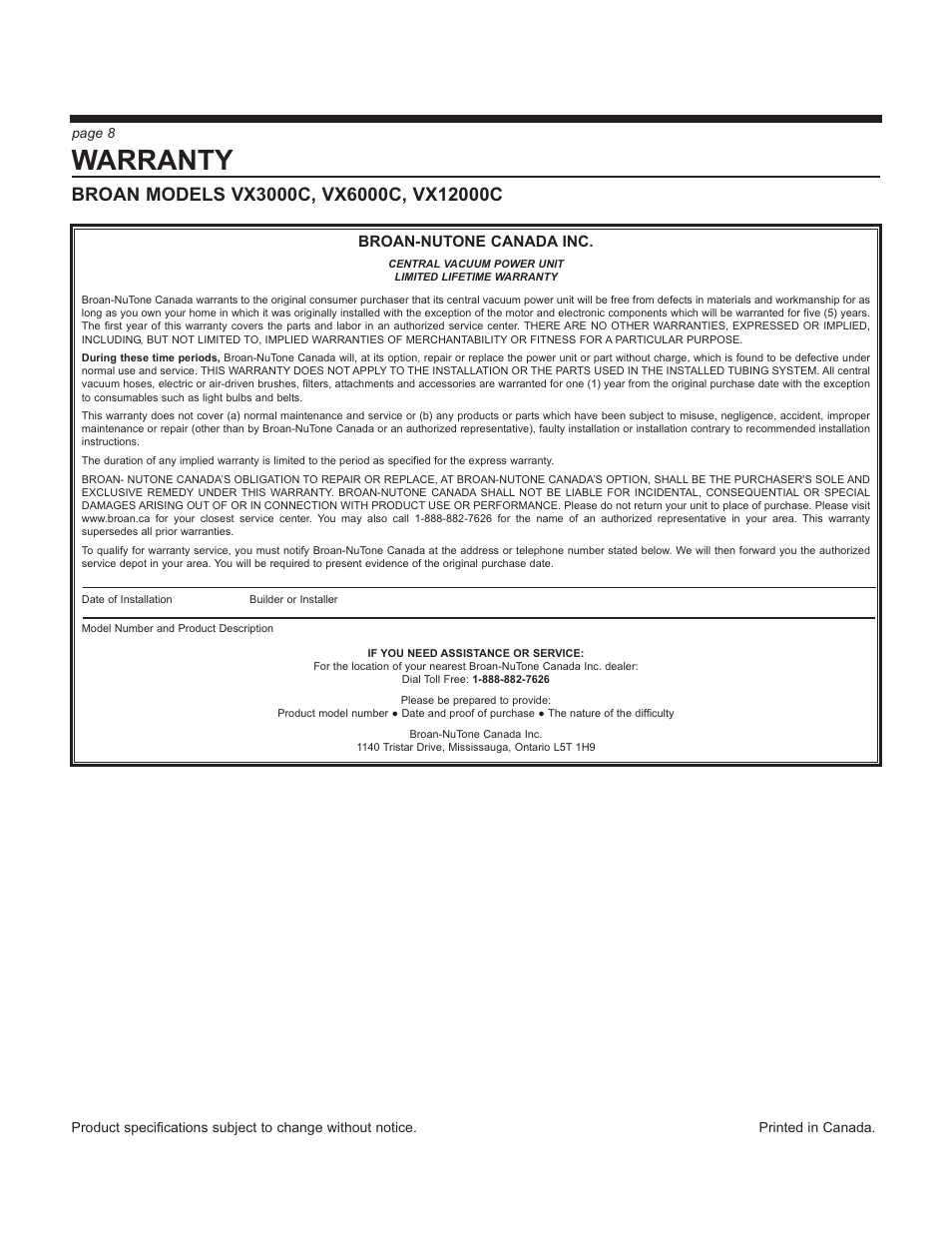 Warranty | Broan VX12000C User Manual | Page 8 / 8