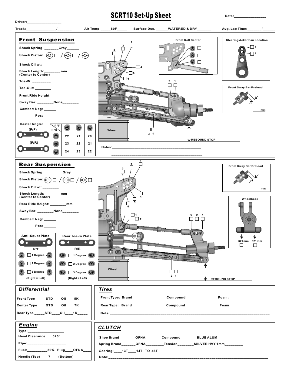 Scrt10 set-up sheet, Front suspension rear suspension, Differential | Engine, Tires, Clutch | OFNA Racing Jammin SCRT Nitro RTR User Manual | Page 37 / 45