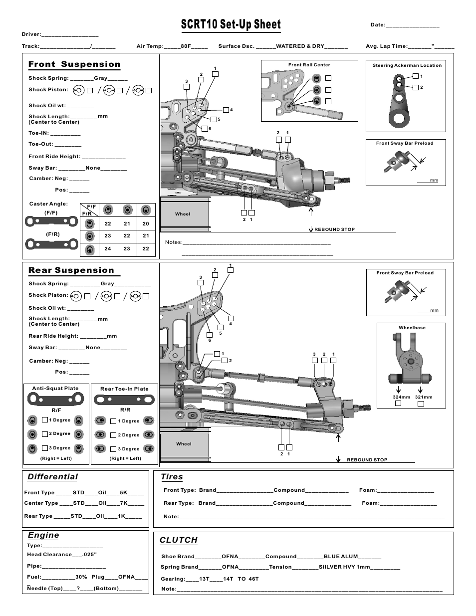 Scrt10 set-up sheet, Front suspension rear suspension, Differential | Engine, Tires, Clutch | OFNA Racing Jammin SCRT Nitro RTR User Manual | Page 39 / 45