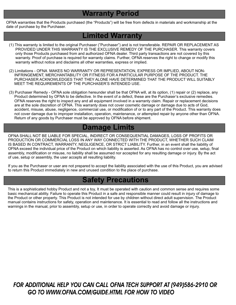 Warranty period, Limited warranty, Damage limits | Safety precautions | OFNA Racing Jammin SCRT Nitro RTR User Manual | Page 41 / 45