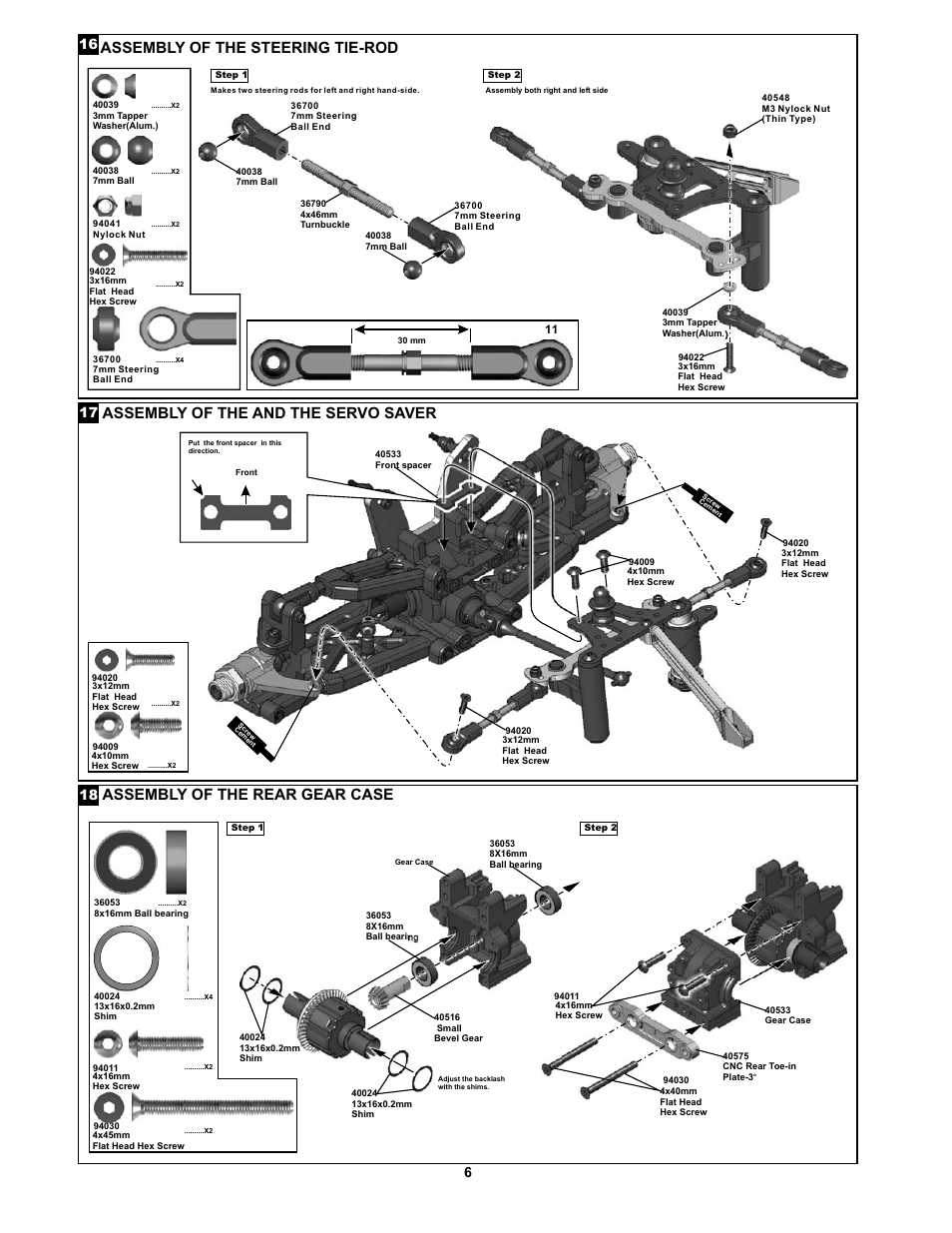 Assembl of the and the servo saver y, Assembl of the rear gear case y, Assembl of the steering tie-rod y | OFNA Racing Jammin X1 CR User Manual | Page 10 / 38