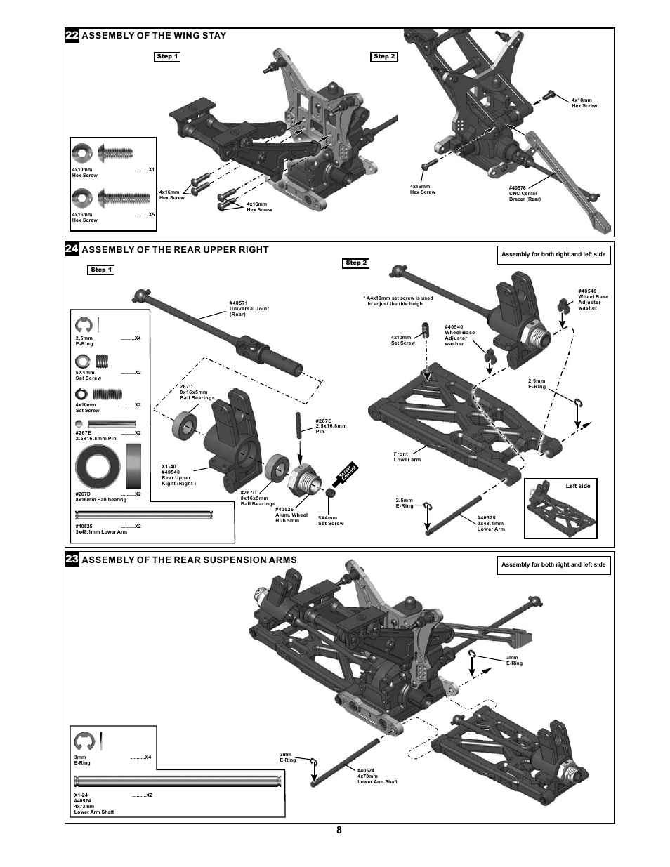 Assembly of the wing stay, Assembly of the rear upper right, Assembly of the rear suspension arms | OFNA Racing Jammin X1 CR User Manual | Page 12 / 38