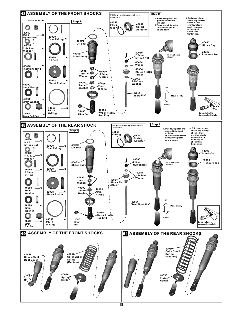 Assembly of the front shocks, Assembly of the rear shocks, Assembly of the rear shock | OFNA Racing Jammin X1 CR User Manual | Page 22 / 38