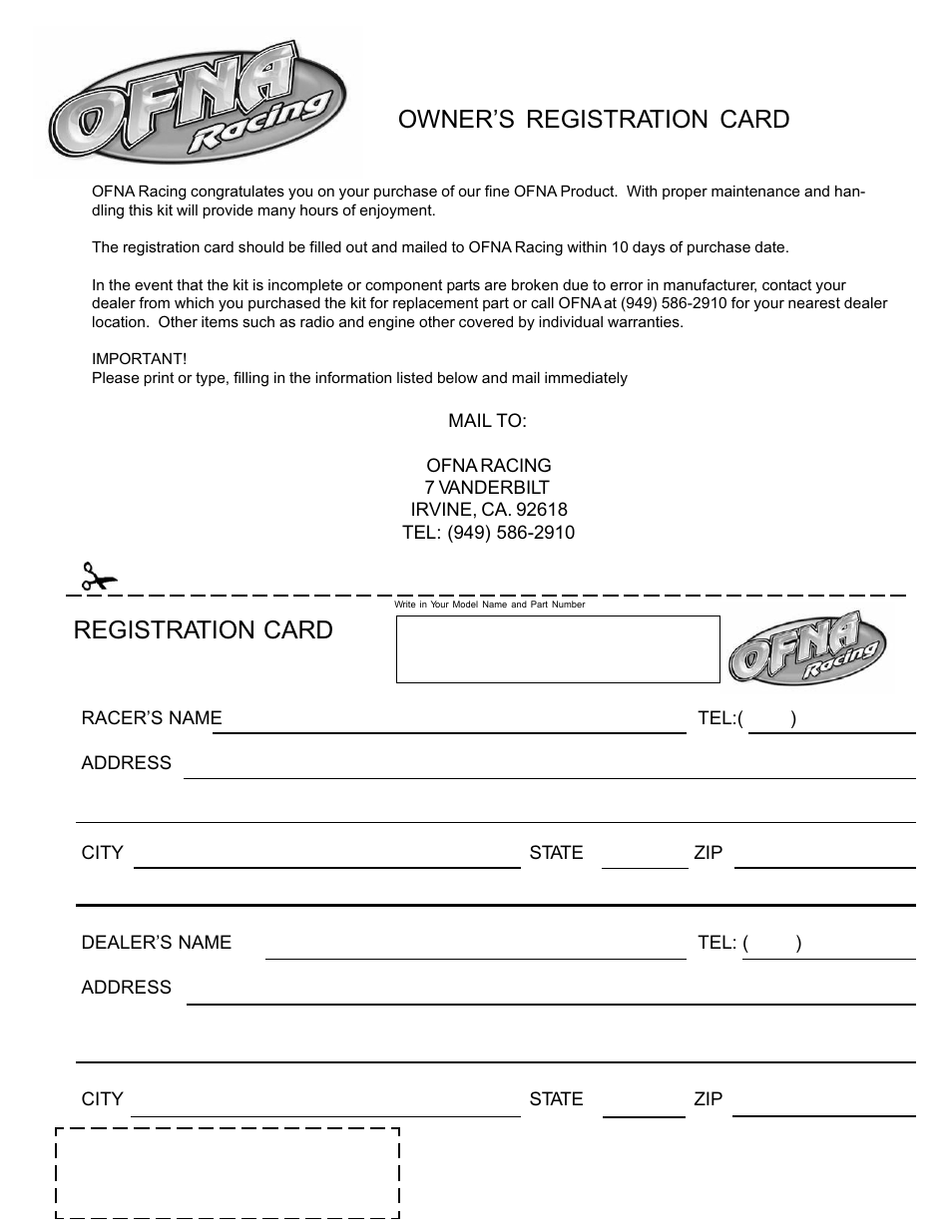 Owner’s registration card registration card | OFNA Racing Jammin X1 CR User Manual | Page 38 / 38