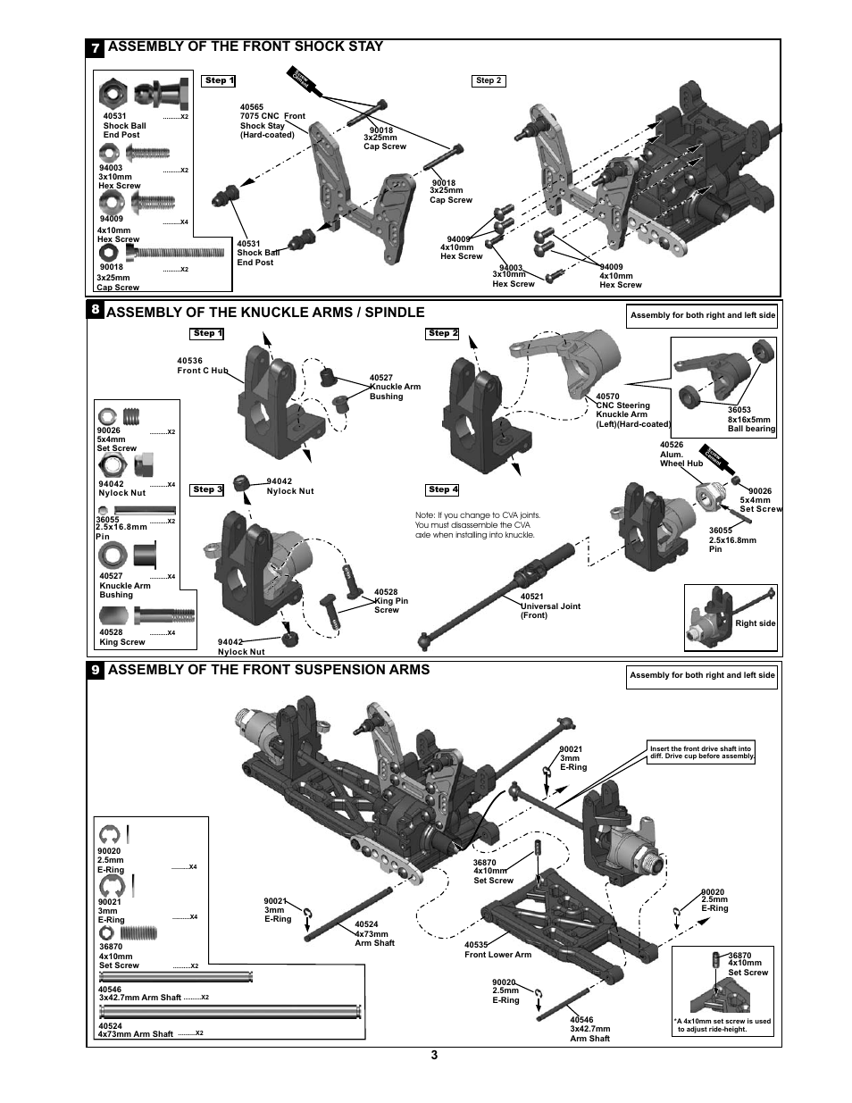 Assembl of the front shock stay y, Assembl of the knuckle arms / spindle y, Assembl of the front suspension arms y | OFNA Racing Jammin X1 CR User Manual | Page 7 / 38